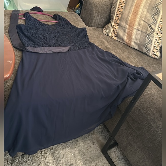 Navy Blue A-Cut sheer waist down Lace overlay waist up Tea Length never worn - Picture 2 of 6